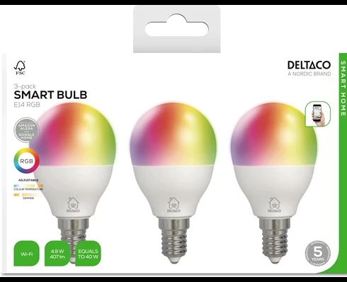 Deltaco SMART HOME RGB bulbs, E14, G45, 5W, mini globe