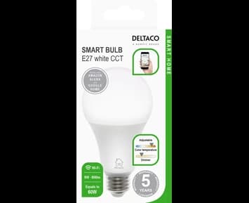 Deltaco Smart E27, WiFI, 9W, 2700K-6500K, dimbar, vit